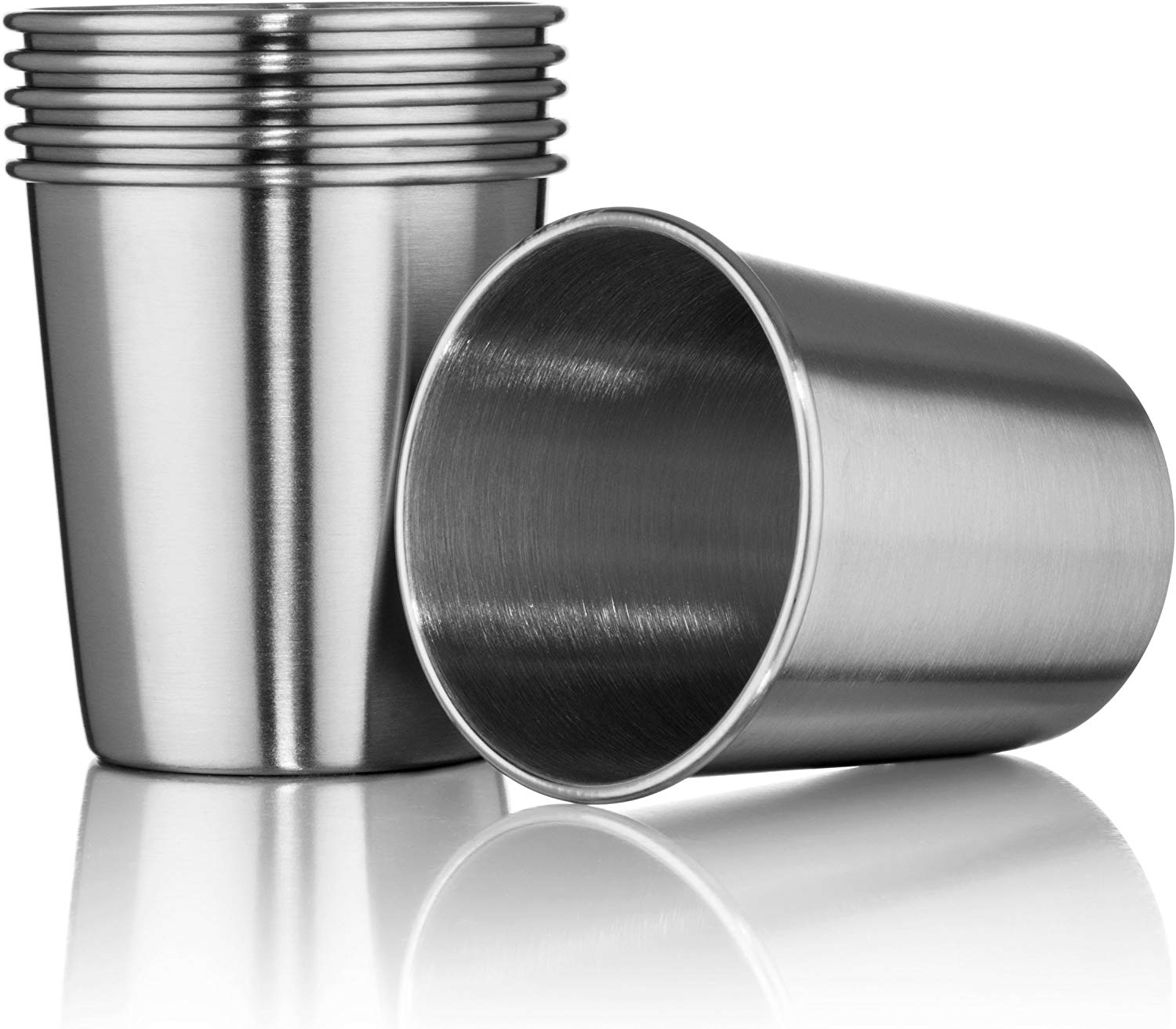 A picture of an approximately 8oz stainless steal cup with a flat bottom.