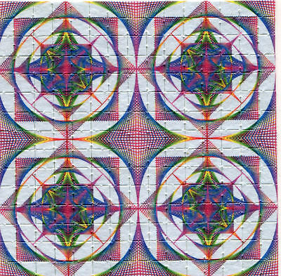 A 15 by 15 square perforated blotter sheet with a psychedelic multicolor geometric pattern.