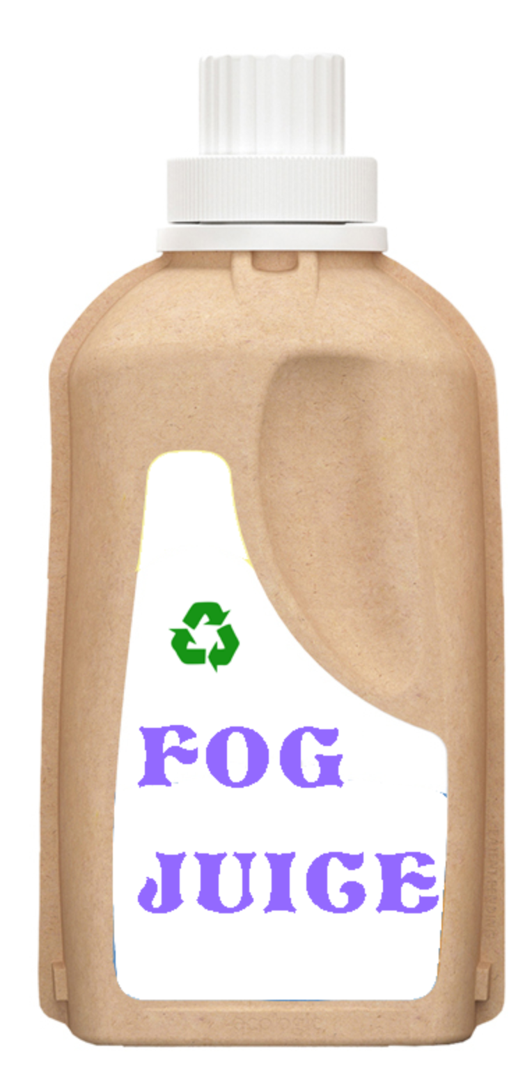 A picture of a recyclable cardboard bottle with a label that says "Fog Juice".