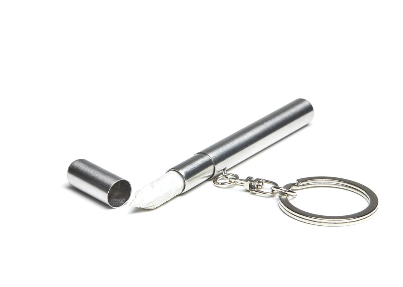 A picture of a small metal tube that is attached to a keychain and has the exact circumference to fit a rolled cigarette.