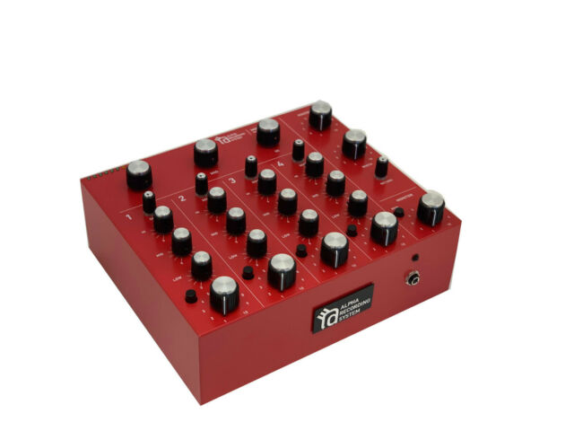 A picture of a red 4-channel rotary audio mixer.